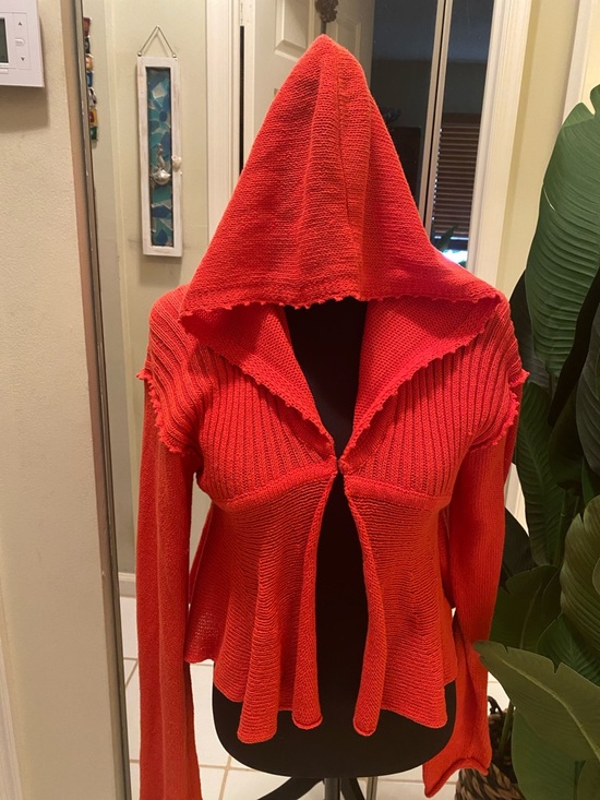 Moth Sweaters - Moth Red Hooded Open-Front Knit Cardigan